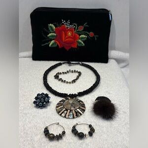 Dark Romance Jewelry & Accessory Lot (6 Pcs) | Black Velvet Rose Bag